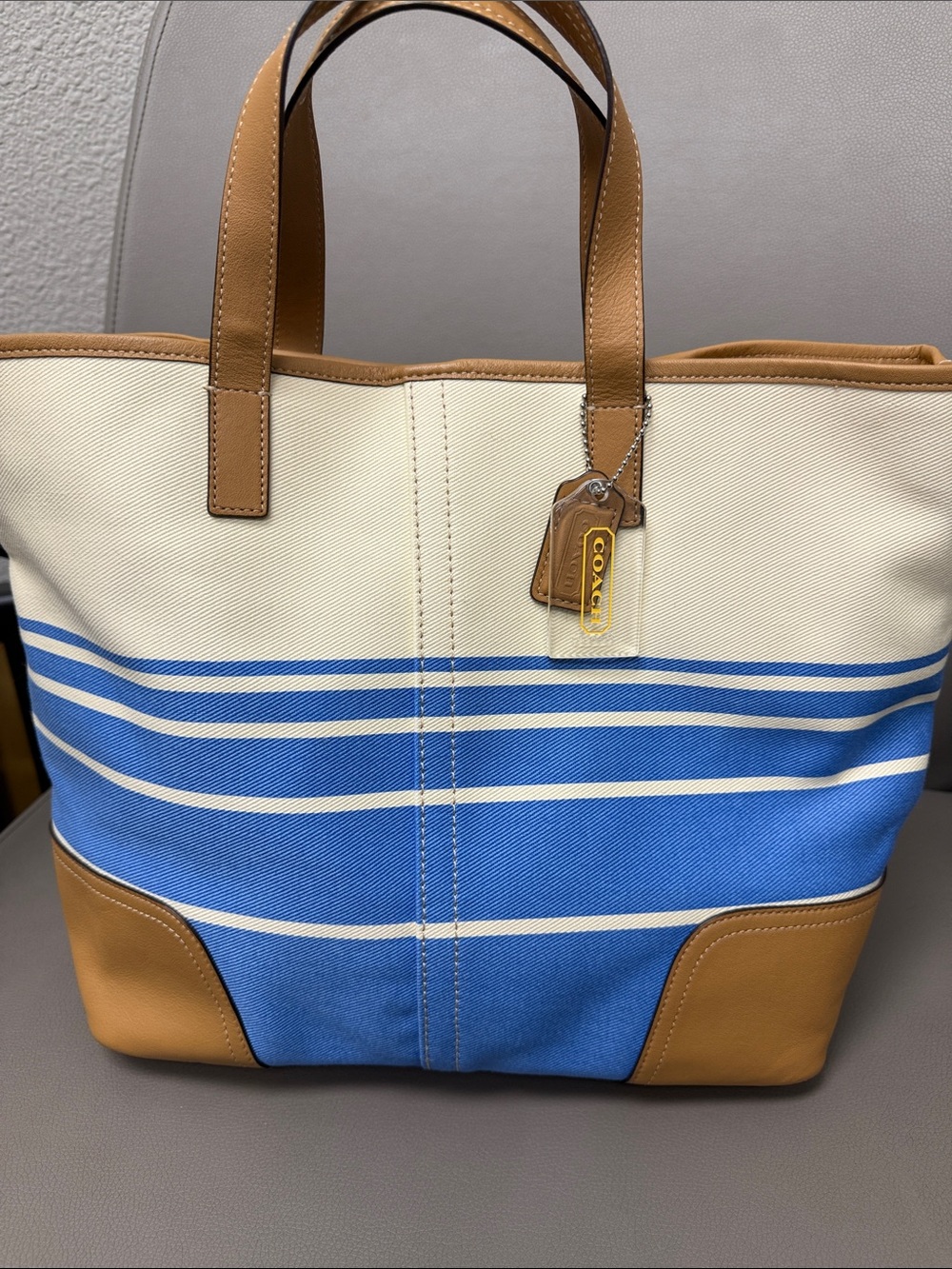Coach Hadley Blue & Cream Striped Canvas Tote/Duffle with Tan Leather Trim - Picture 6 of 11
